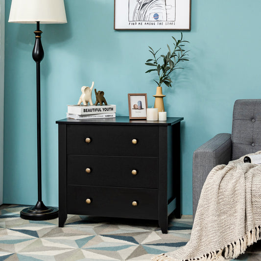 3-Drawer Wooden Dresser Chest of Drawers with Round Metal Knobs-Black