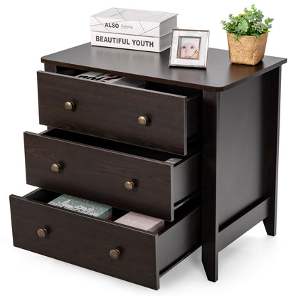 3-Drawer Wooden Dresser Chest of Drawers with Round Metal Knobs-Coffee
