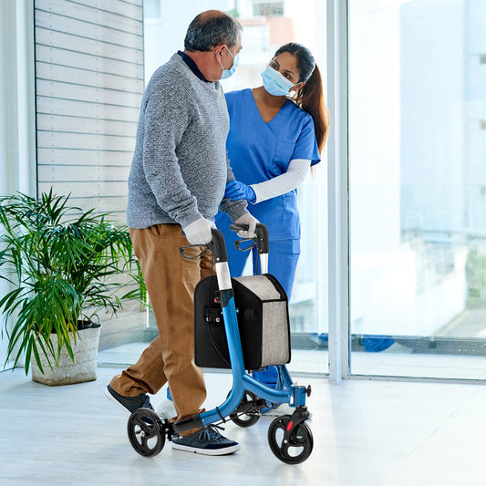 Folding Aluminum Rolling Walker with Zippered Storage Bag and Safe Dual Brake System-Blue