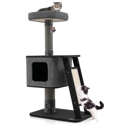 3-Layer Cat Tower with Scratching Ramp Posts and Top Plush Perch-Grey