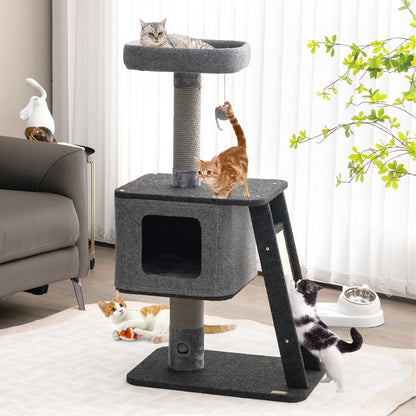 3-Layer Cat Tower with Scratching Ramp Posts and Top Plush Perch-Grey