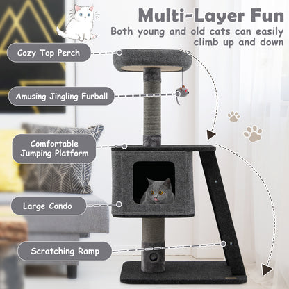 3-Layer Cat Tower with Scratching Ramp Posts and Top Plush Perch-Grey