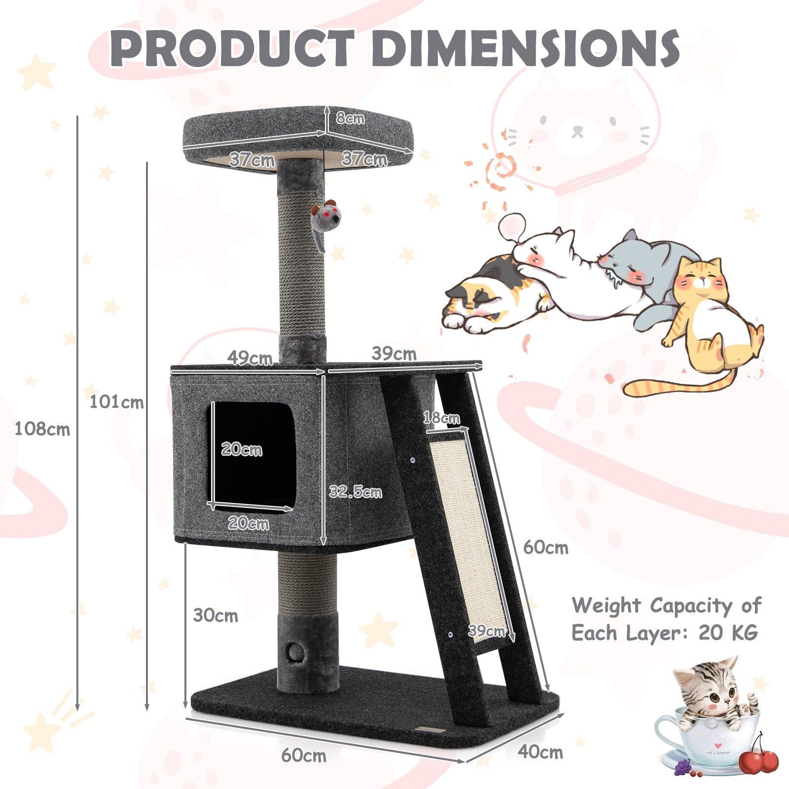 3-Layer Cat Tower with Scratching Ramp Posts and Top Plush Perch-Grey
