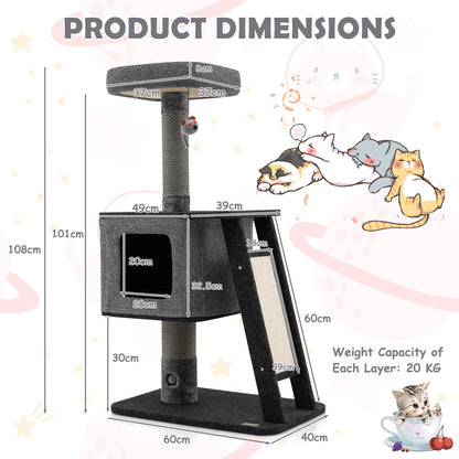 3-Layer Cat Tower with Scratching Ramp Posts and Top Plush Perch-Grey