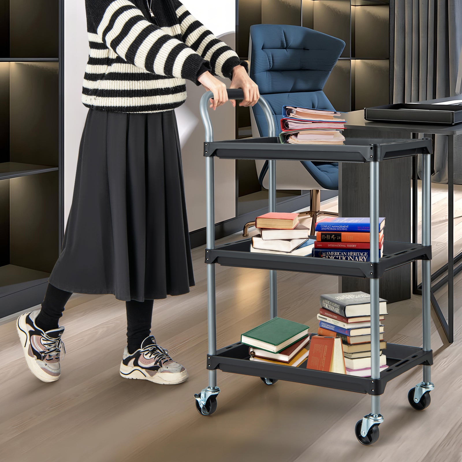 3 Layer Tool Cart with PP Shelves, Sponged Handle and Swivel Wheel -Black