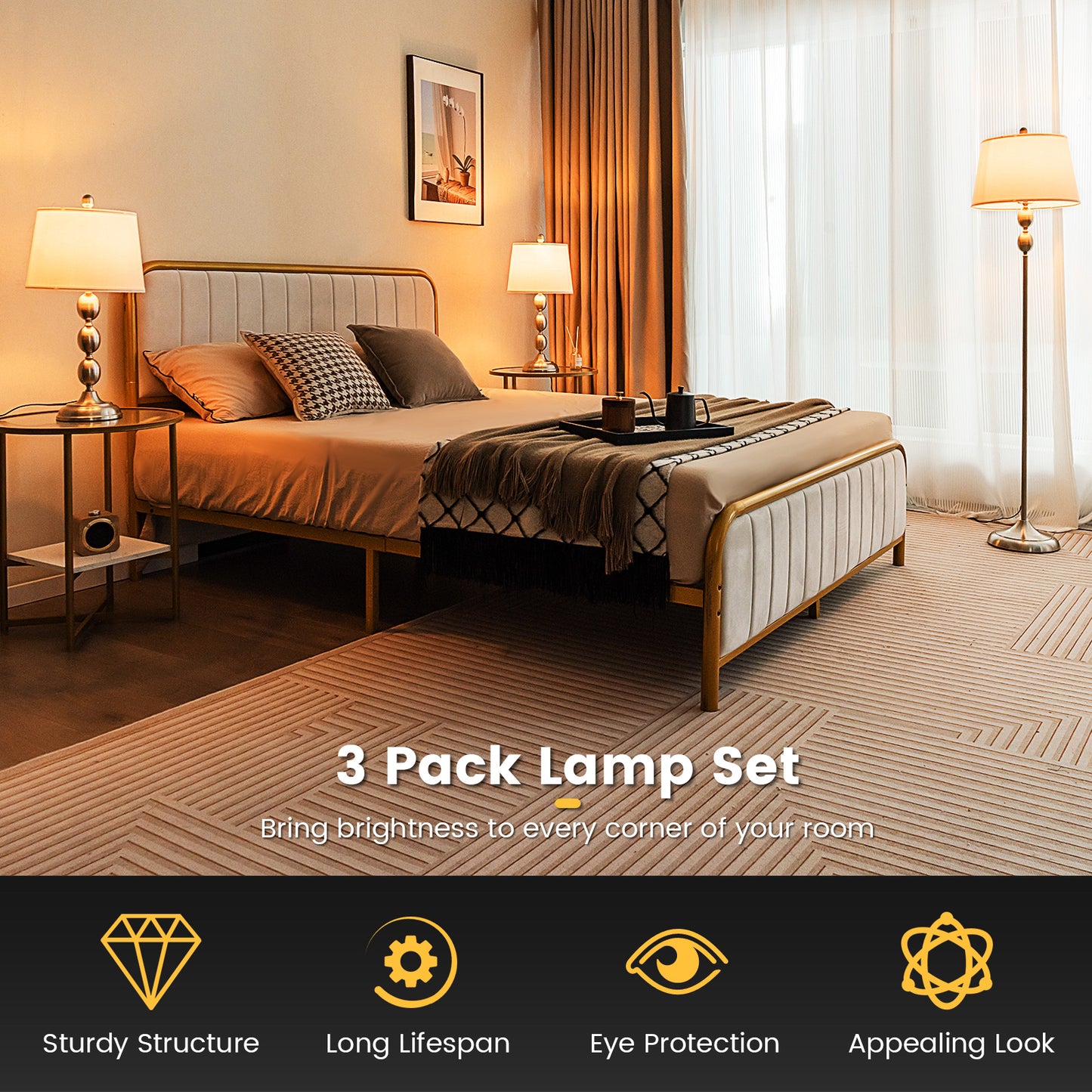 3-Piece Table and Floor Lamp Set with Eye-Protecting Lamp Shade