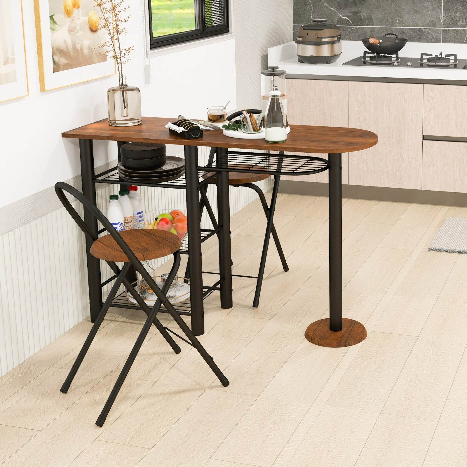 3 Piece Dining Table Set with Storage Shelves-Coffee