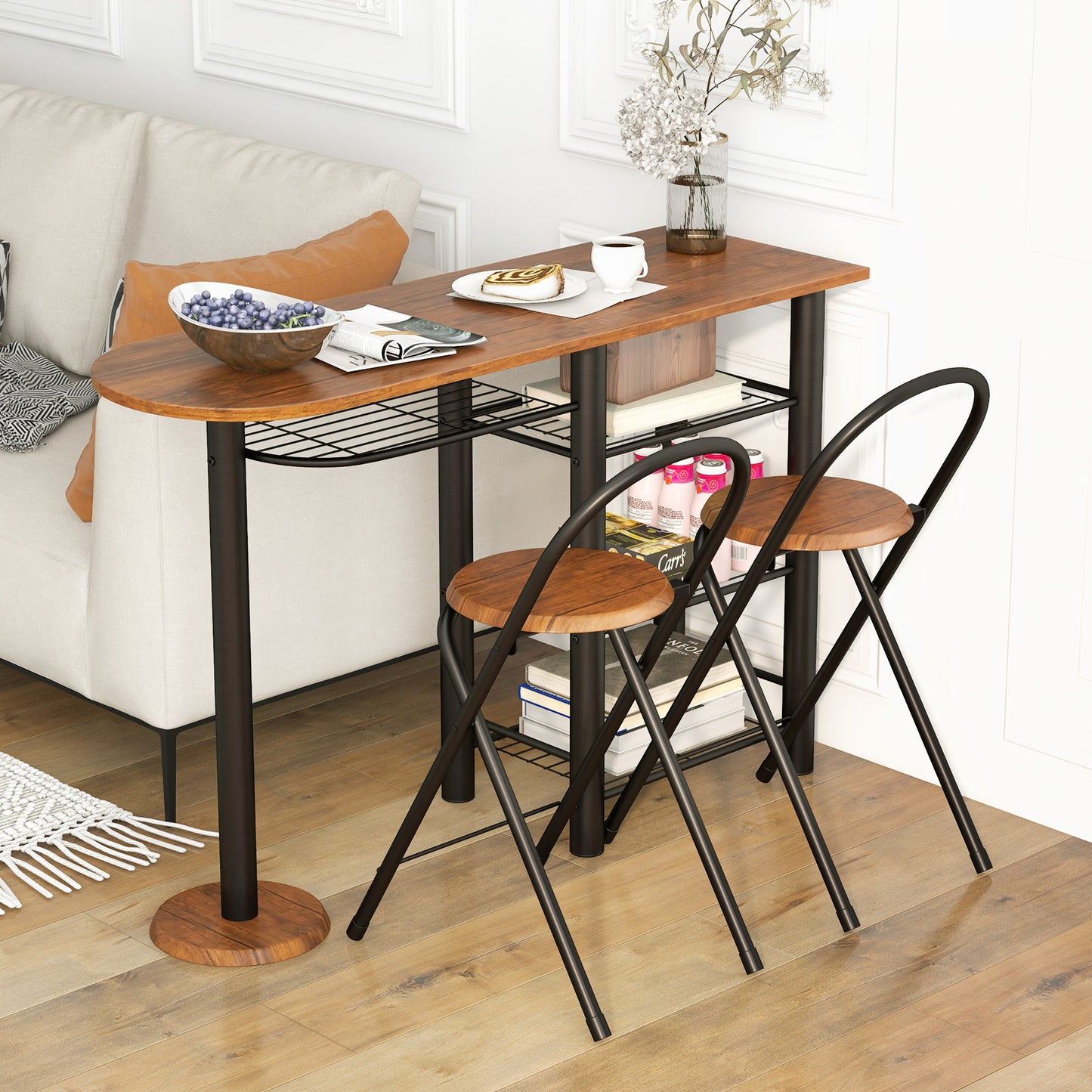 3 Piece Dining Table Set with Storage Shelves-Coffee