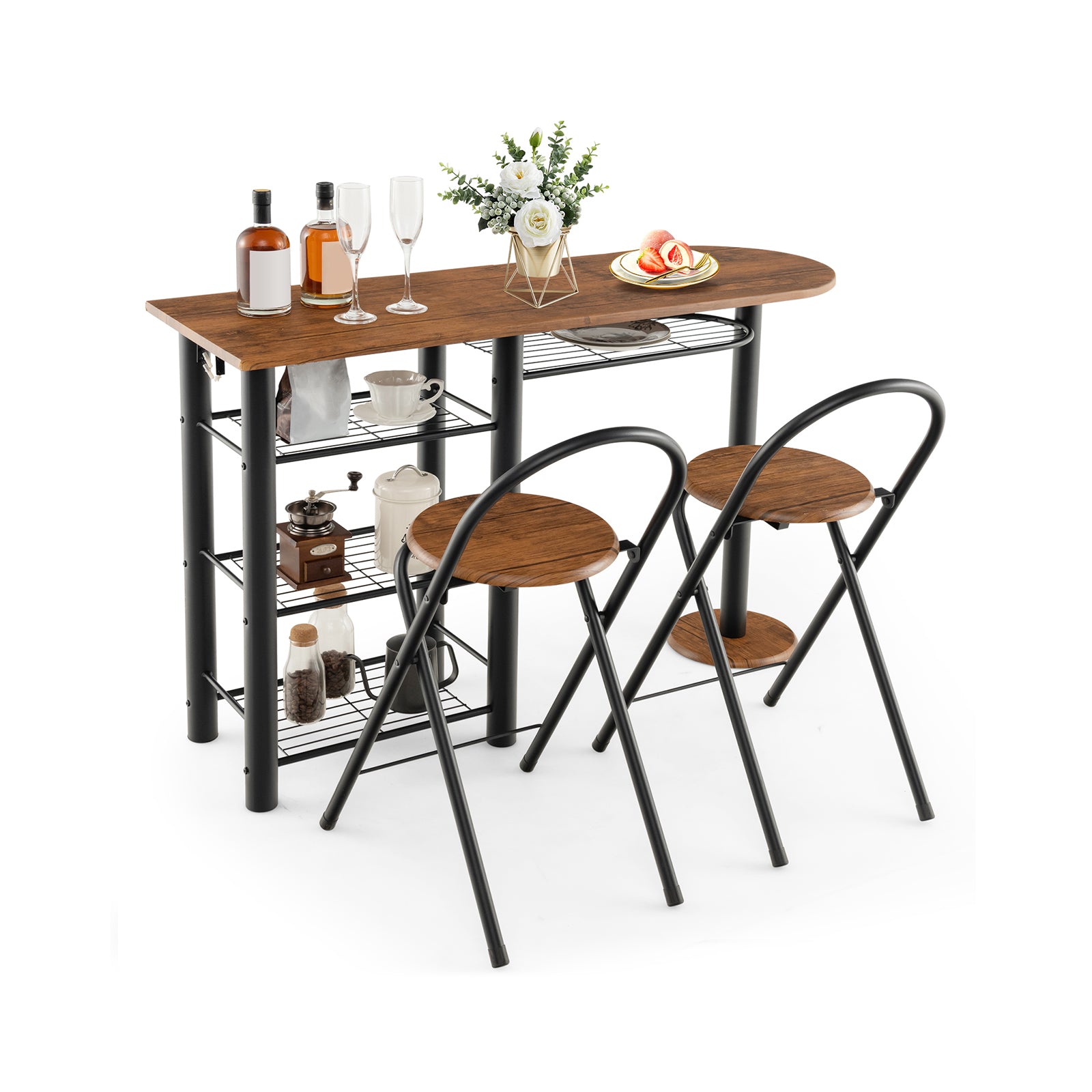 3 Piece Dining Table Set with Storage Shelves-Coffee
