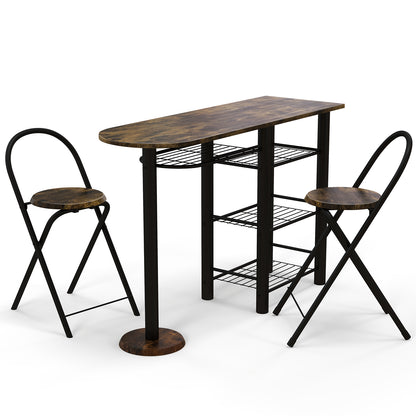 3 Piece Dining Table Set with Storage Shelves-Rustic Brown