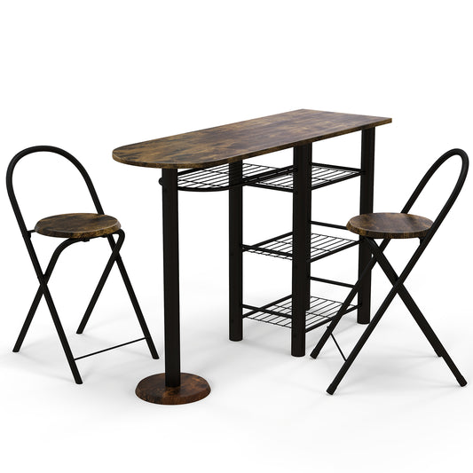 3 Piece Dining Table Set with Storage Shelves-Rustic Brown