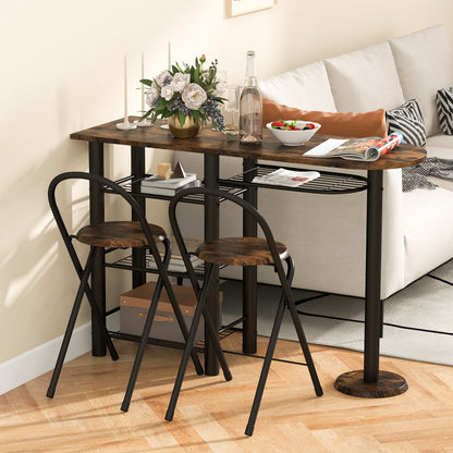 3 Piece Dining Table Set with Storage Shelves-Rustic Brown