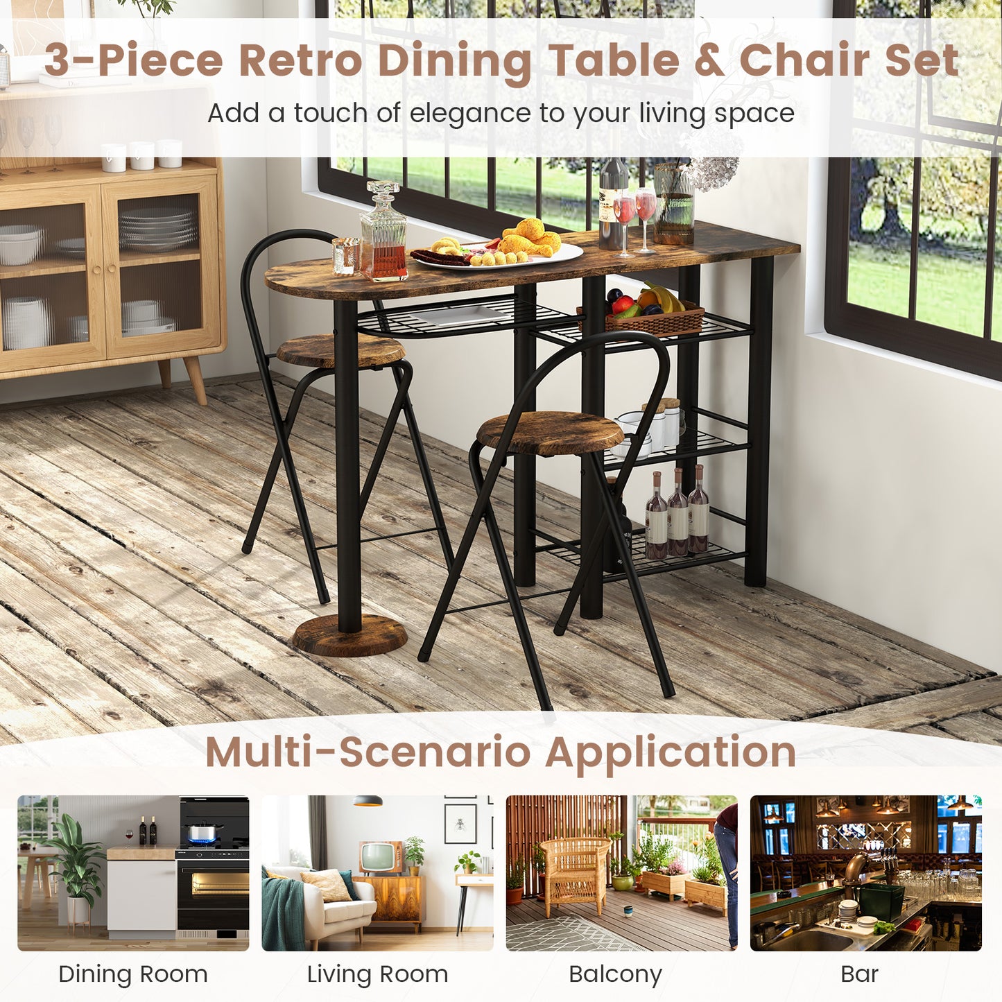 3 Piece Dining Table Set with Storage Shelves-Rustic Brown