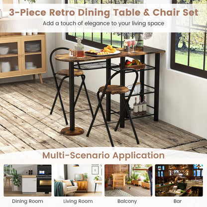 3 Piece Dining Table Set with Storage Shelves-Rustic Brown
