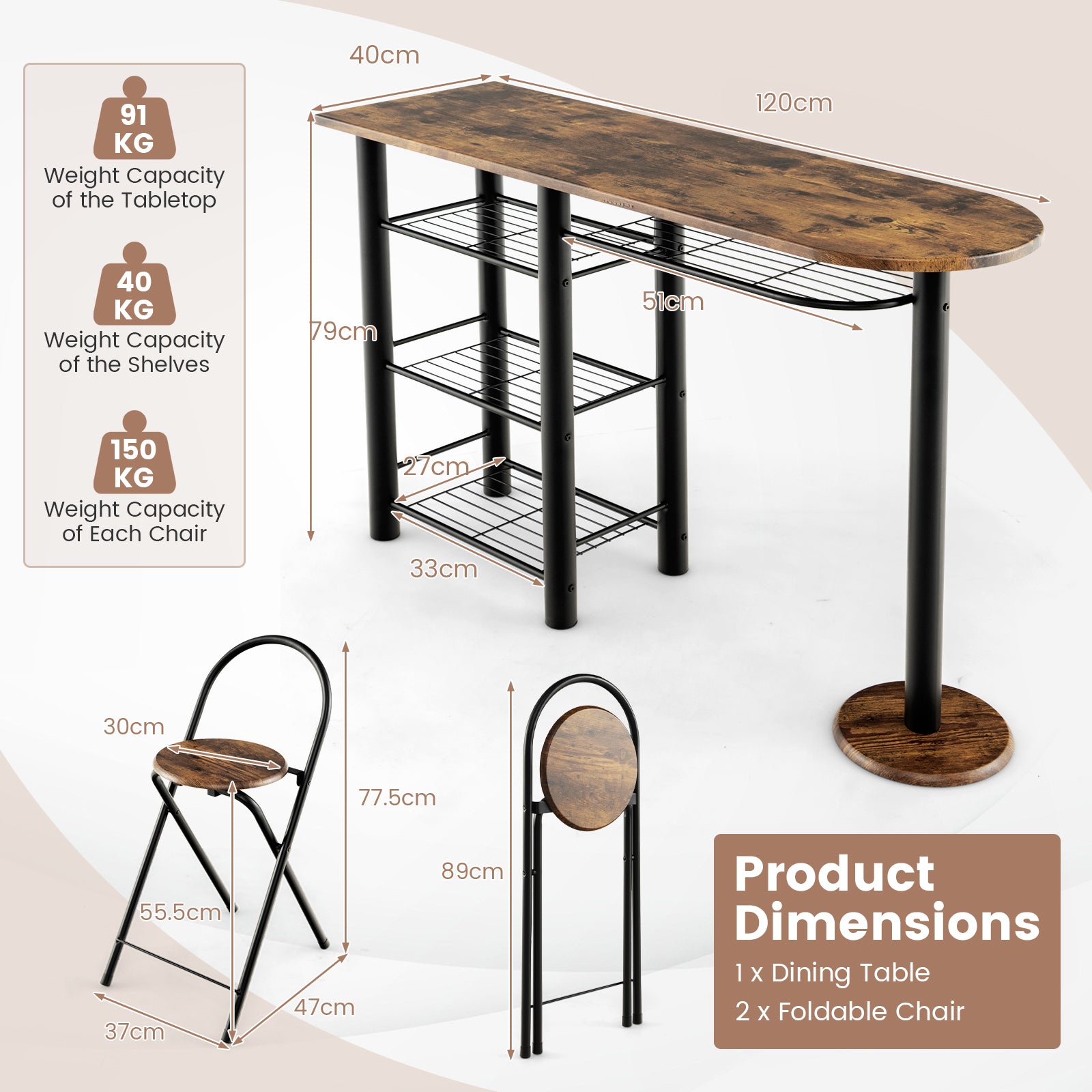 3 Piece Dining Table Set with Storage Shelves-Rustic Brown