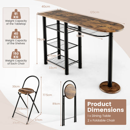 3 Piece Dining Table Set with Storage Shelves-Rustic Brown