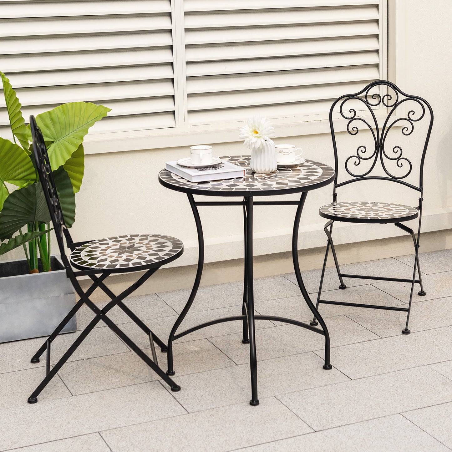 3 Piece Patio Bistro Set Round Table and 2 Folding Chairs