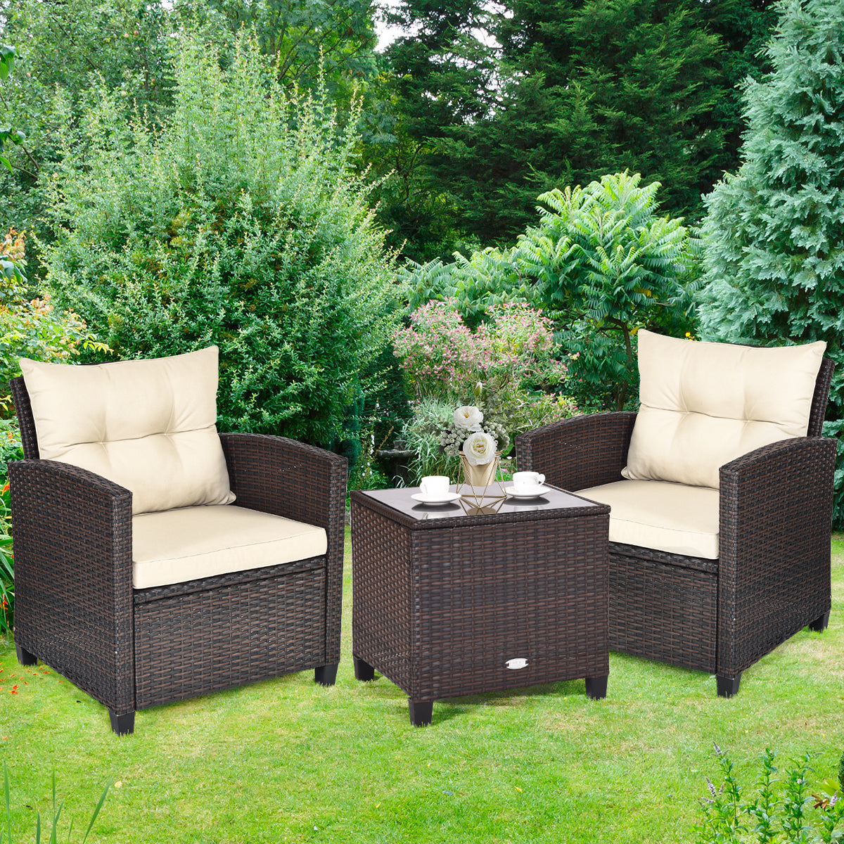 3 Piece Patio Rattan Furniture Set for Porch Balcony Garden Yard-Beige