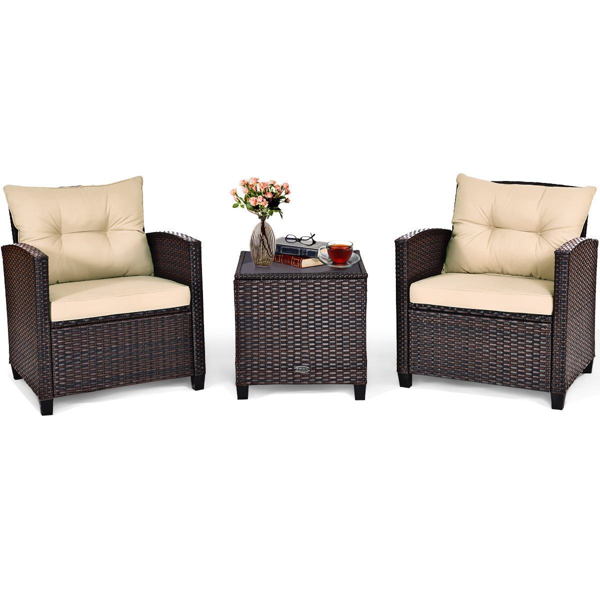 3 Piece Patio Rattan Furniture Set for Porch Balcony Garden Yard-Beige