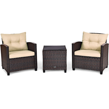 3 Piece Patio Rattan Furniture Set for Porch Balcony Garden Yard-Beige
