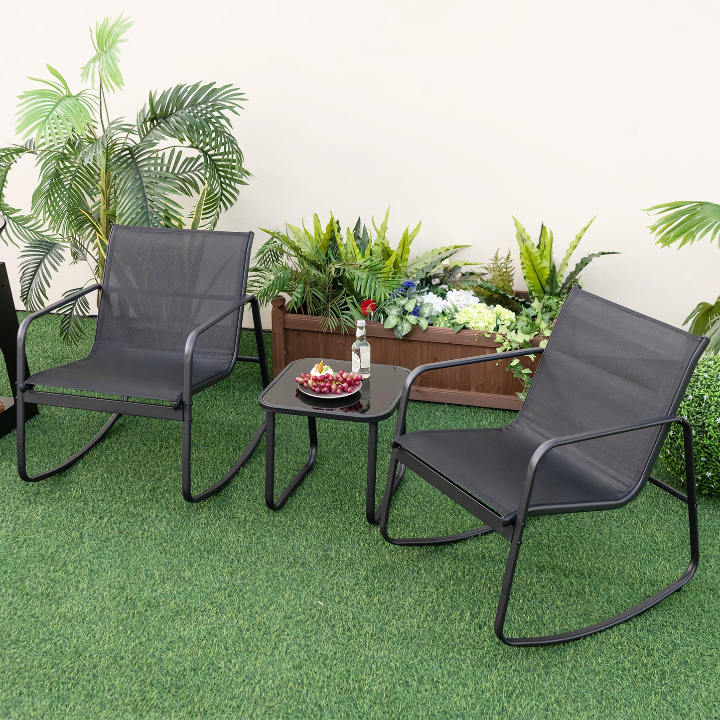 3 Piece Patio Rocking Set with Smooth Rocking Motion-Black