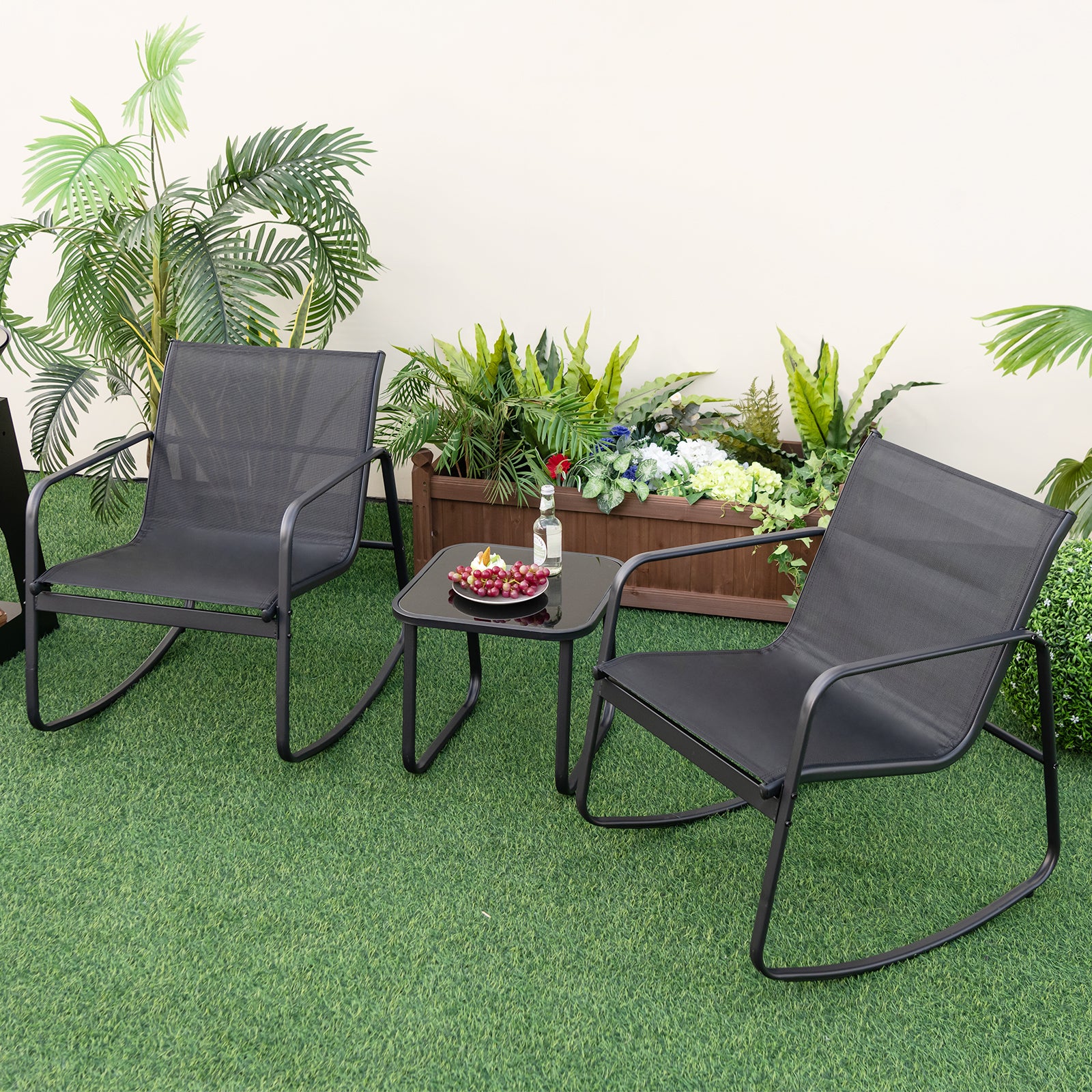 3 Piece Patio Rocking Set with Smooth Rocking Motion-Black