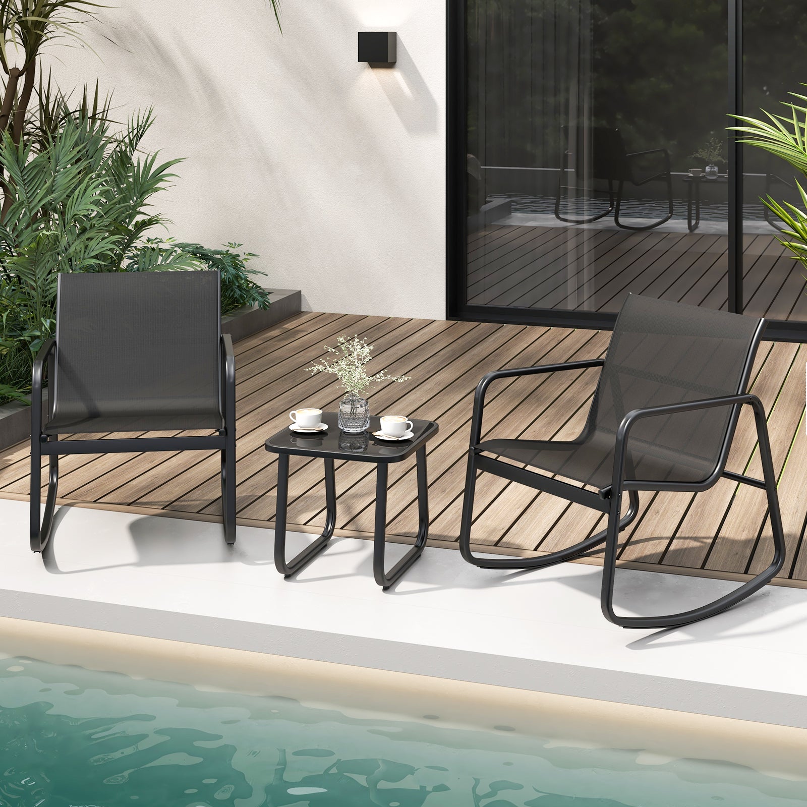 3 Piece Patio Rocking Set with Smooth Rocking Motion-Black