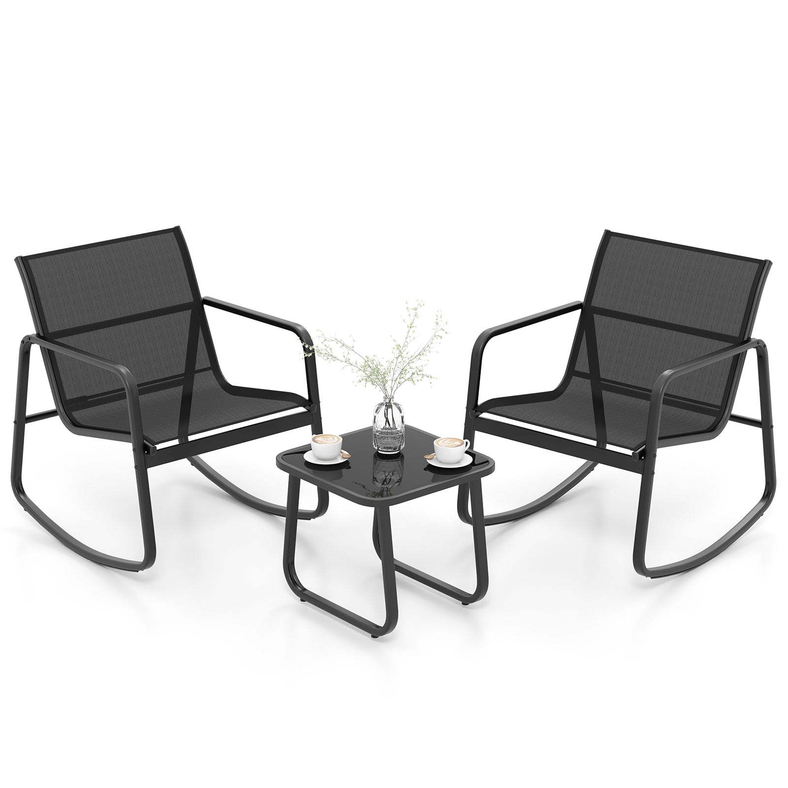 3 Piece Patio Rocking Set with Smooth Rocking Motion-Black