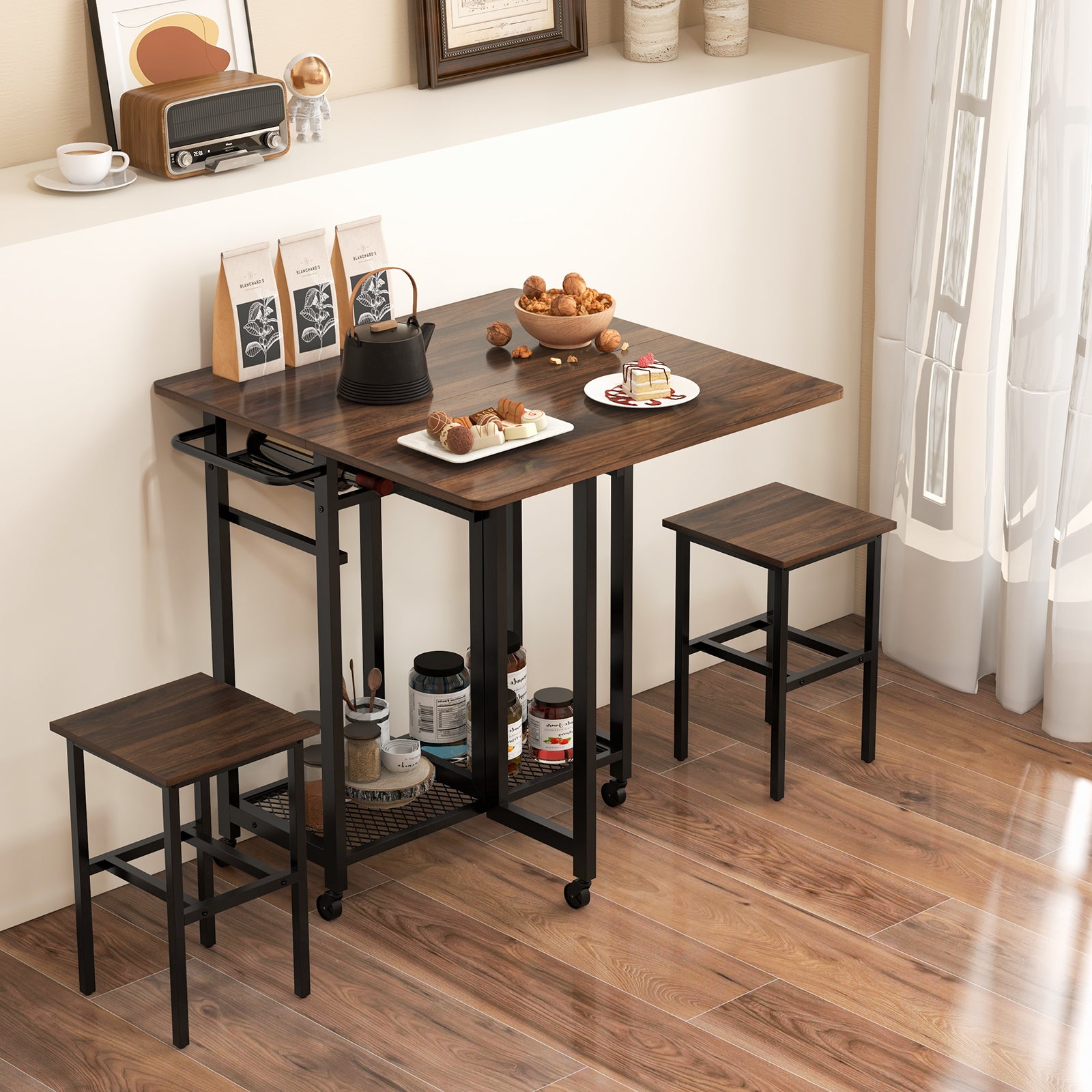 3 Pieces Extendable Dining Table Set with 6-Bottle Wine Rack-Brown ...