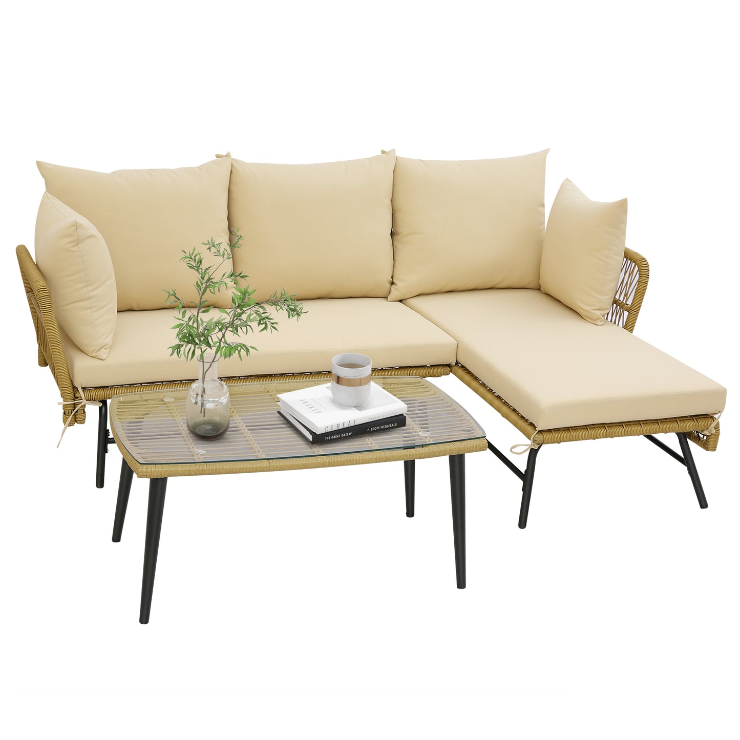 3 Pieces L-Shaped Patio Conversation Set with Tempered Glass Table-Beige