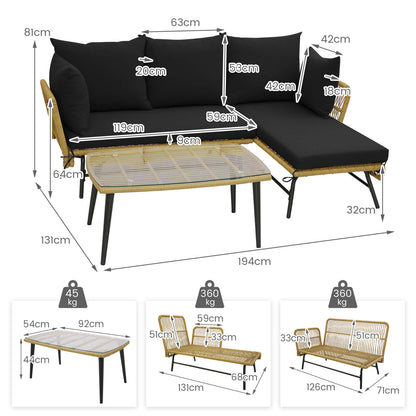 3 Pieces L-Shaped Patio Conversation Set with Tempered Glass Table-Black