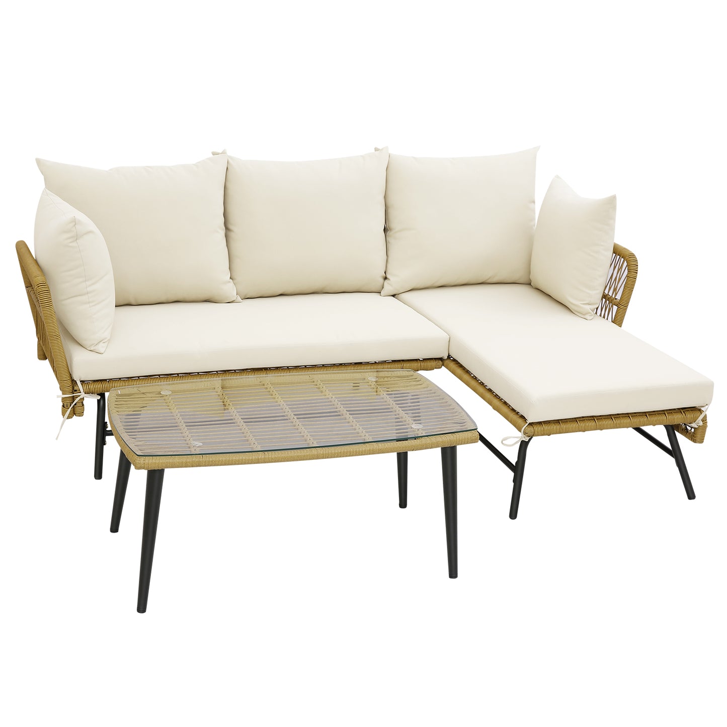 3 Pieces L-Shaped Patio Conversation Set with Tempered Glass Table-White