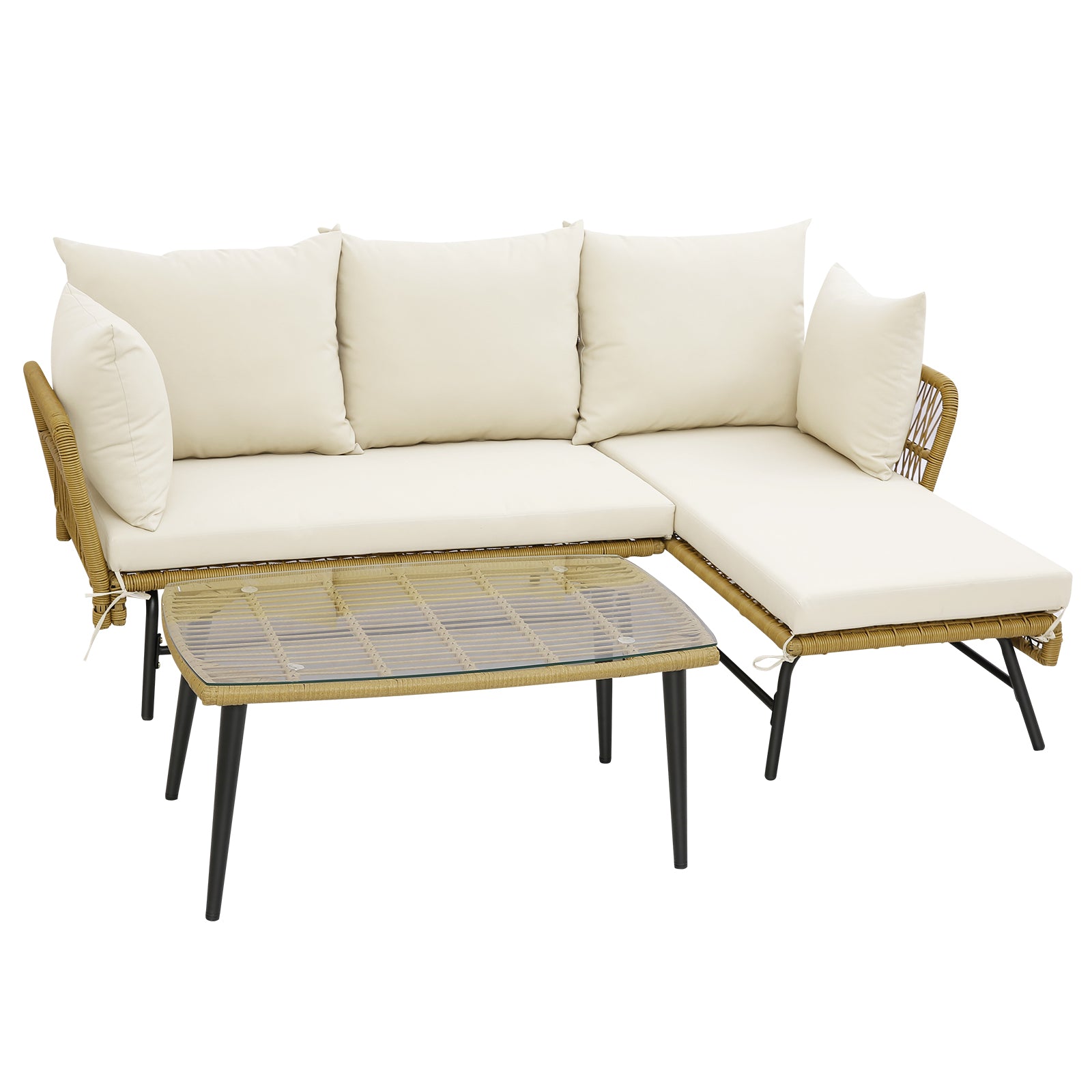 3 Pieces L-Shaped Patio Conversation Set with Tempered Glass Table-White