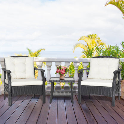 3 Pieces Garden Furniture Set with 2-Tier Tempered Glass Coffee Table