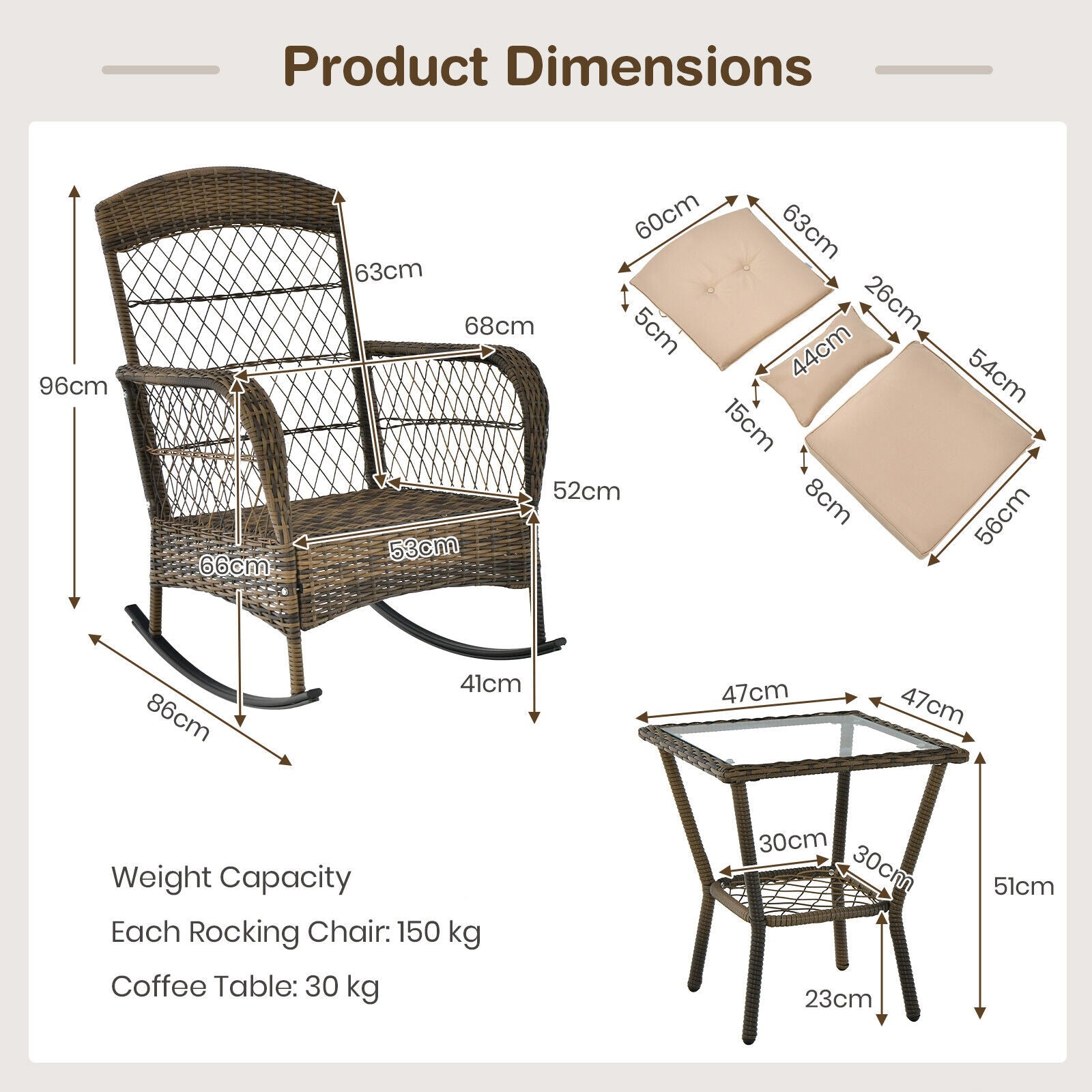 3 Piece Outdoor Rocking Chair Set with Cozy Cushions and Pillow-Beige