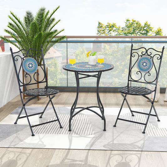 3 Pieces Patio Bistro Set Mosaic Pattern Metal Dining Set
