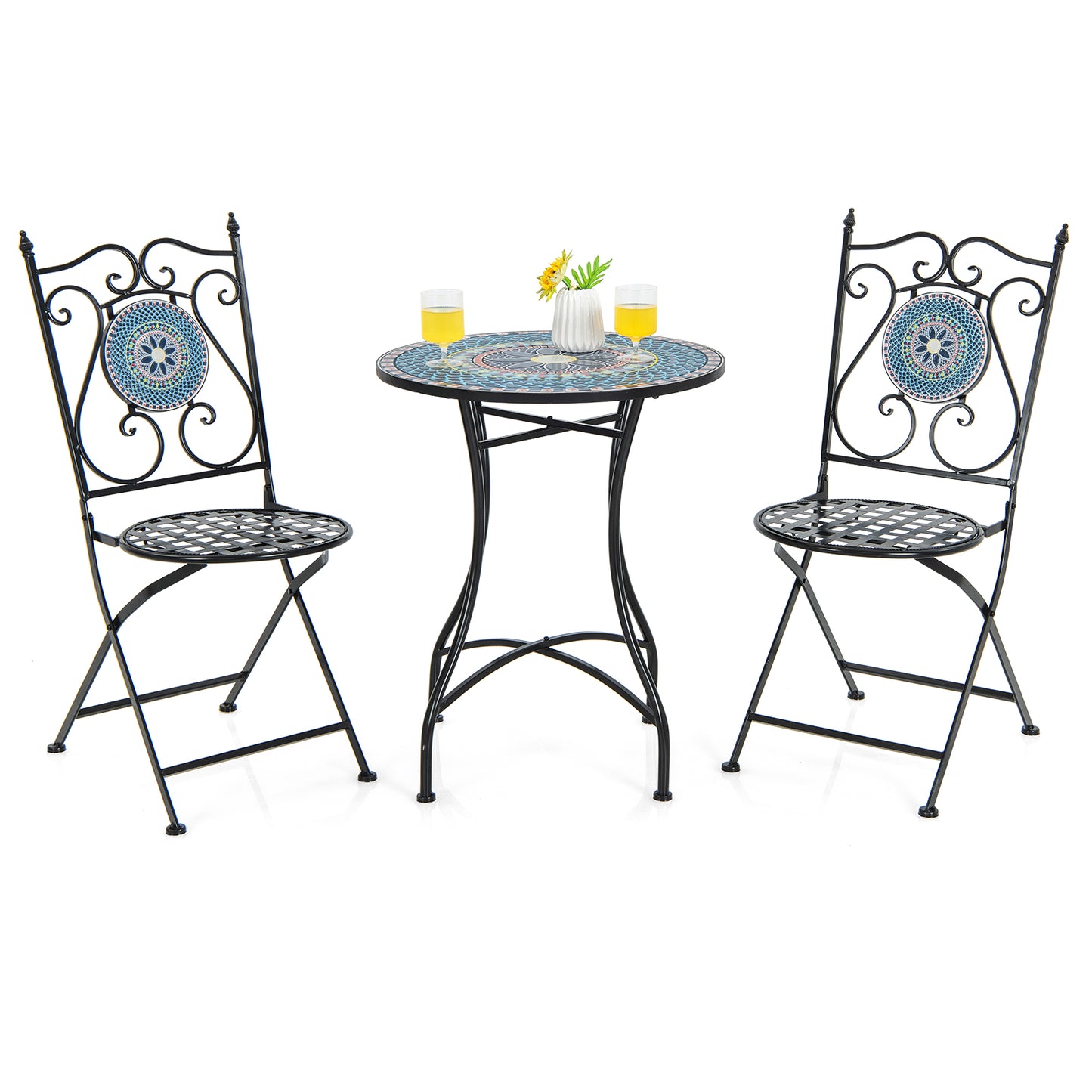 3 Pieces Patio Bistro Set Mosaic Pattern Metal Dining Set