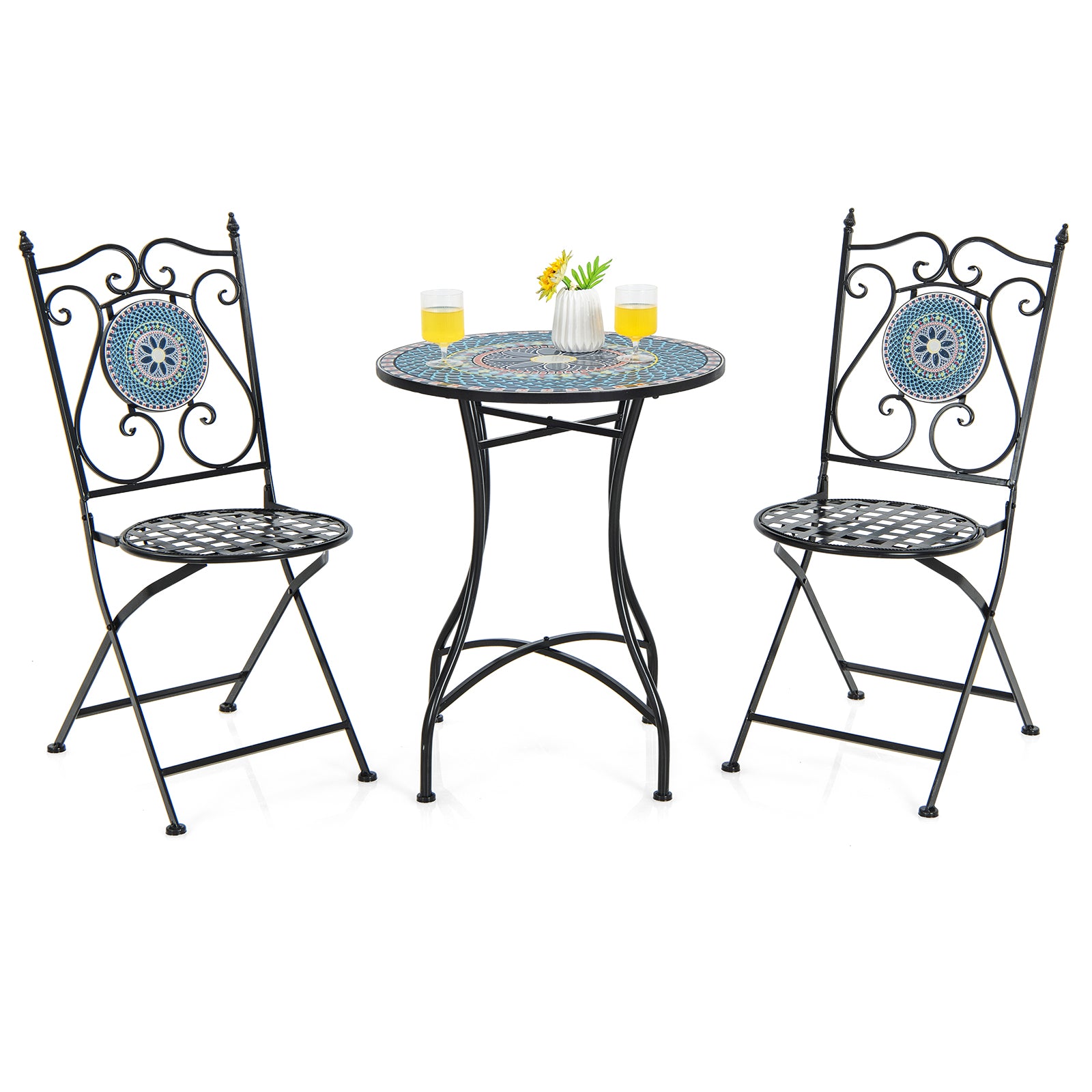 3 Pieces Patio Bistro Set Mosaic Pattern Metal Dining Set