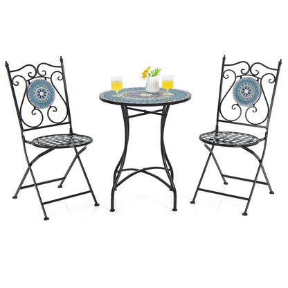 3 Pieces Patio Bistro Set Mosaic Pattern Metal Dining Set