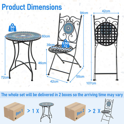 3 Pieces Patio Bistro Set Mosaic Pattern Metal Dining Set