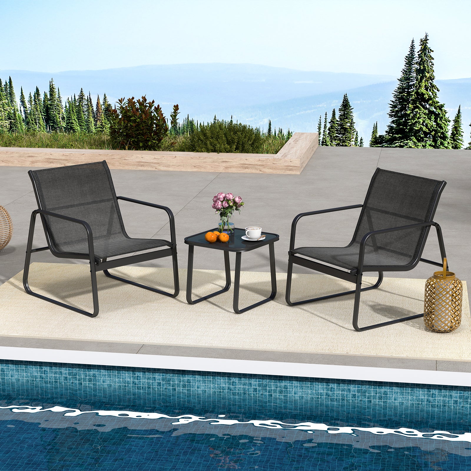 3 Pieces Patio Conversation Set with Breathable Fabric and Tempered Glass Tabletop-Black