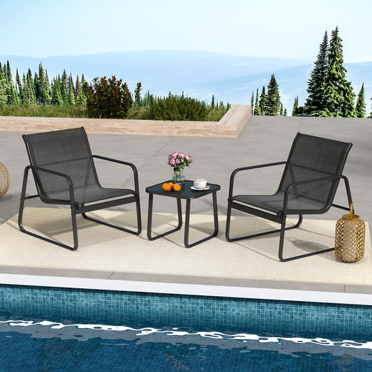 3 Pieces Patio Conversation Set with Breathable Fabric and Tempered Glass Tabletop-Black