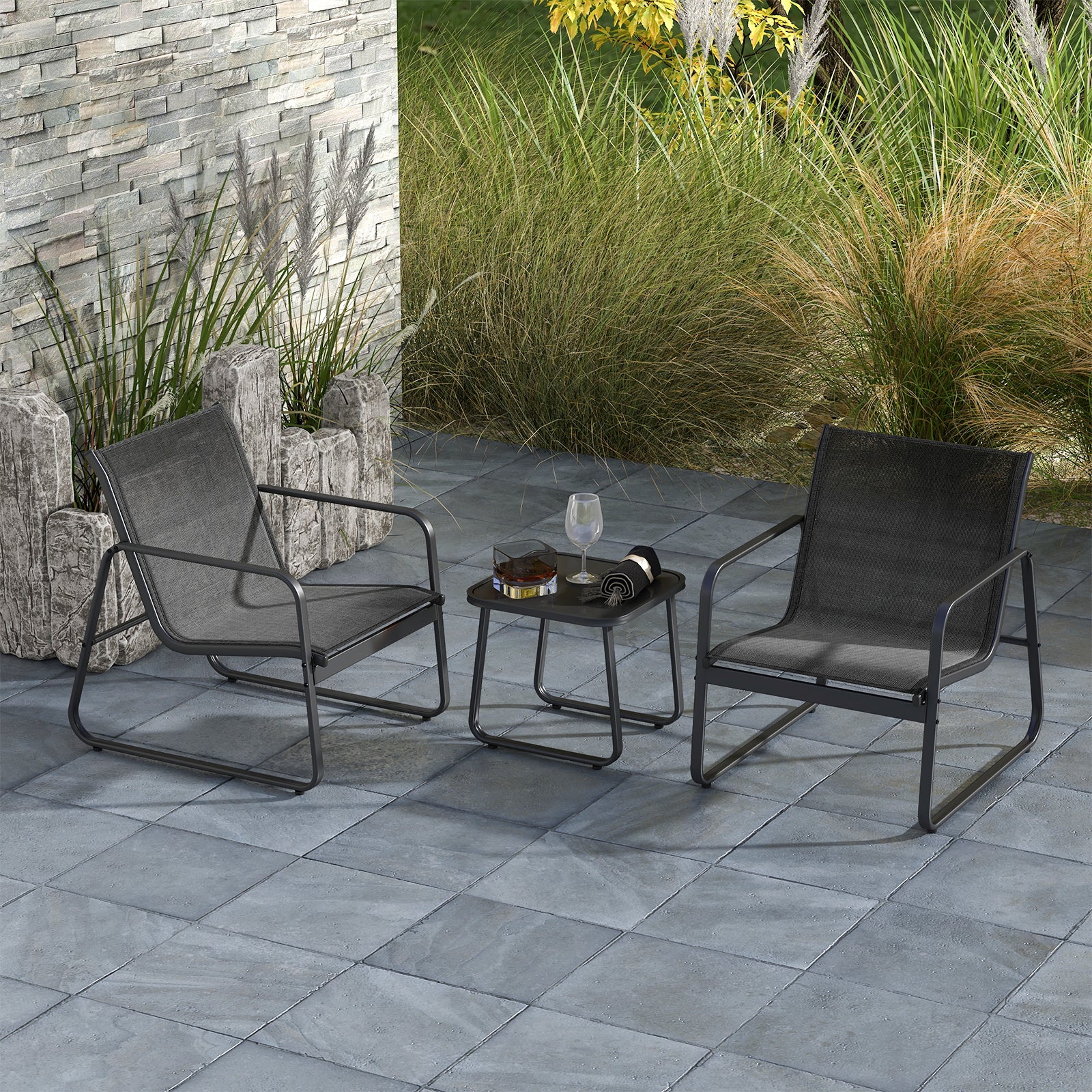 3 Pieces Patio Conversation Set with Breathable Fabric and Tempered Glass Tabletop-Black