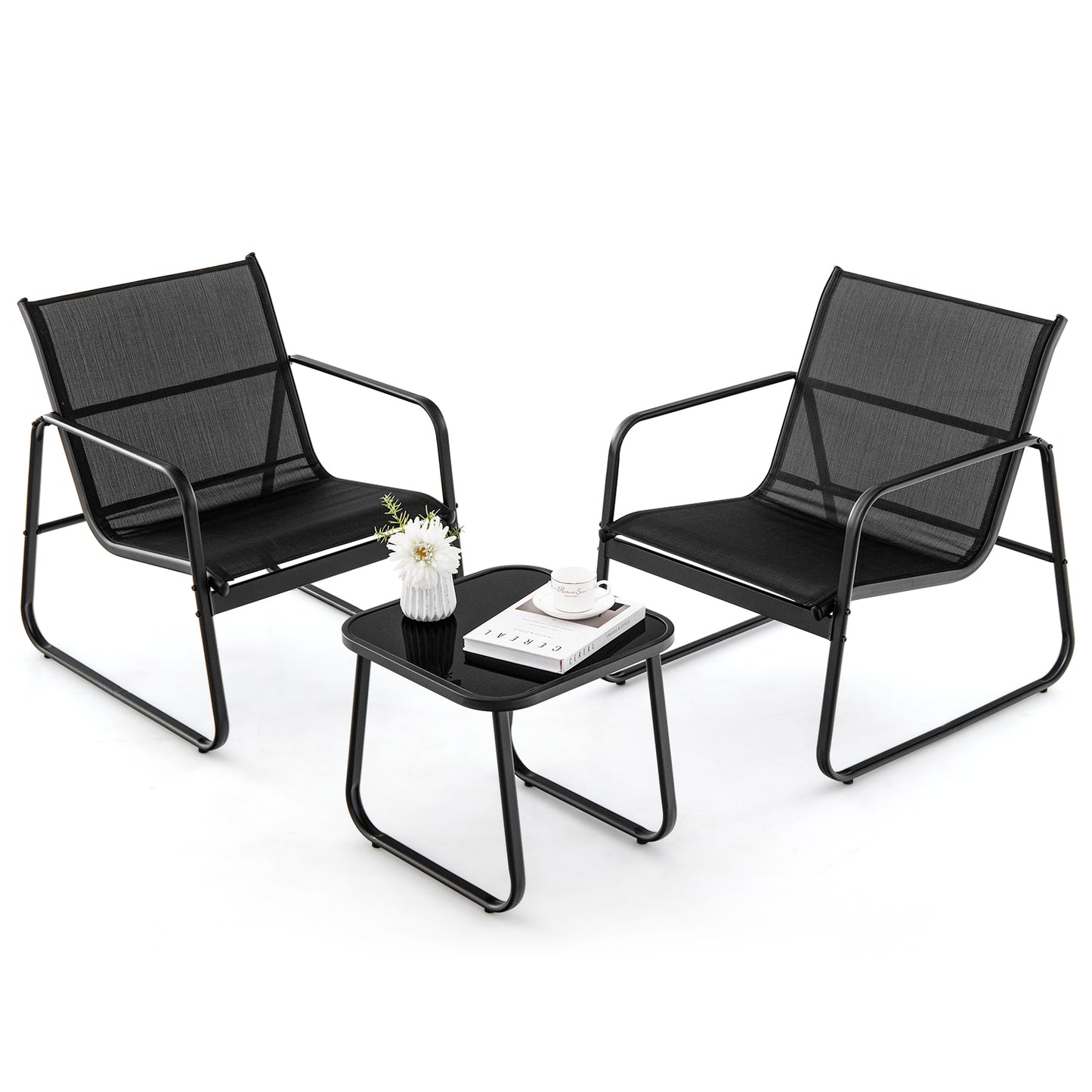3 Pieces Patio Conversation Set with Breathable Fabric and Tempered Glass Tabletop-Black