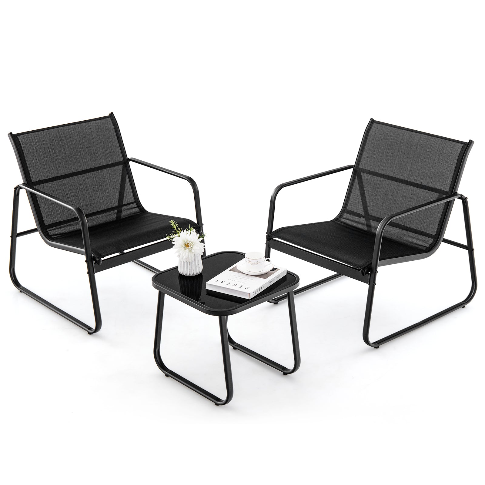 3 Pieces Patio Conversation Set with Breathable Fabric and Tempered Glass Tabletop-Black