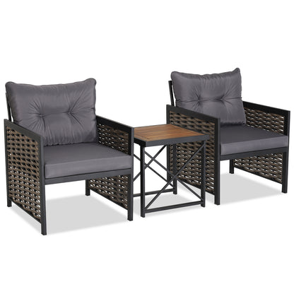 3 Pieces Patio Rattan Bistro Set with Acacia Wood Tabletop-Grey