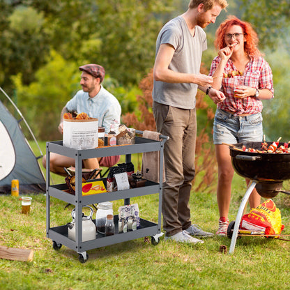 3 Shelf Rolling Metal Utility Cart with Ergonomic Handle-Grey