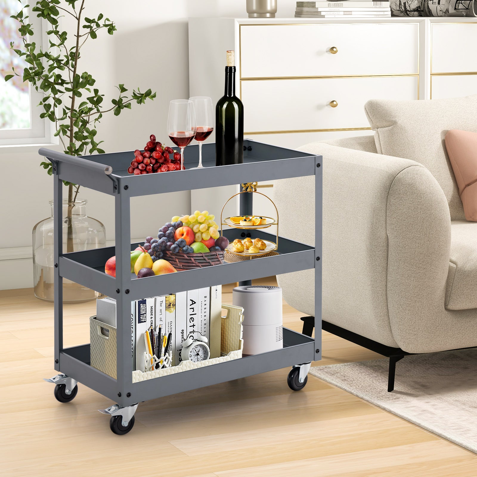3 Shelf Rolling Metal Utility Cart with Ergonomic Handle-Grey