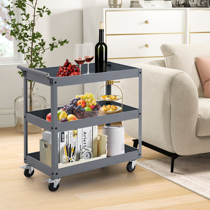 3 Shelf Rolling Metal Utility Cart with Ergonomic Handle-Grey