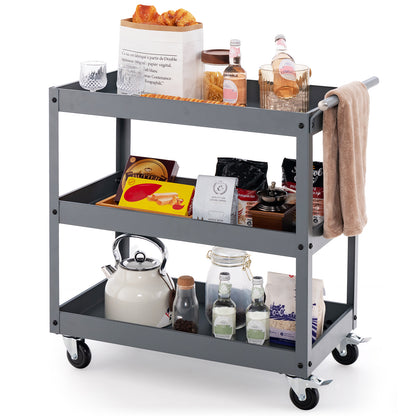 3 Shelf Rolling Metal Utility Cart with Ergonomic Handle-Grey